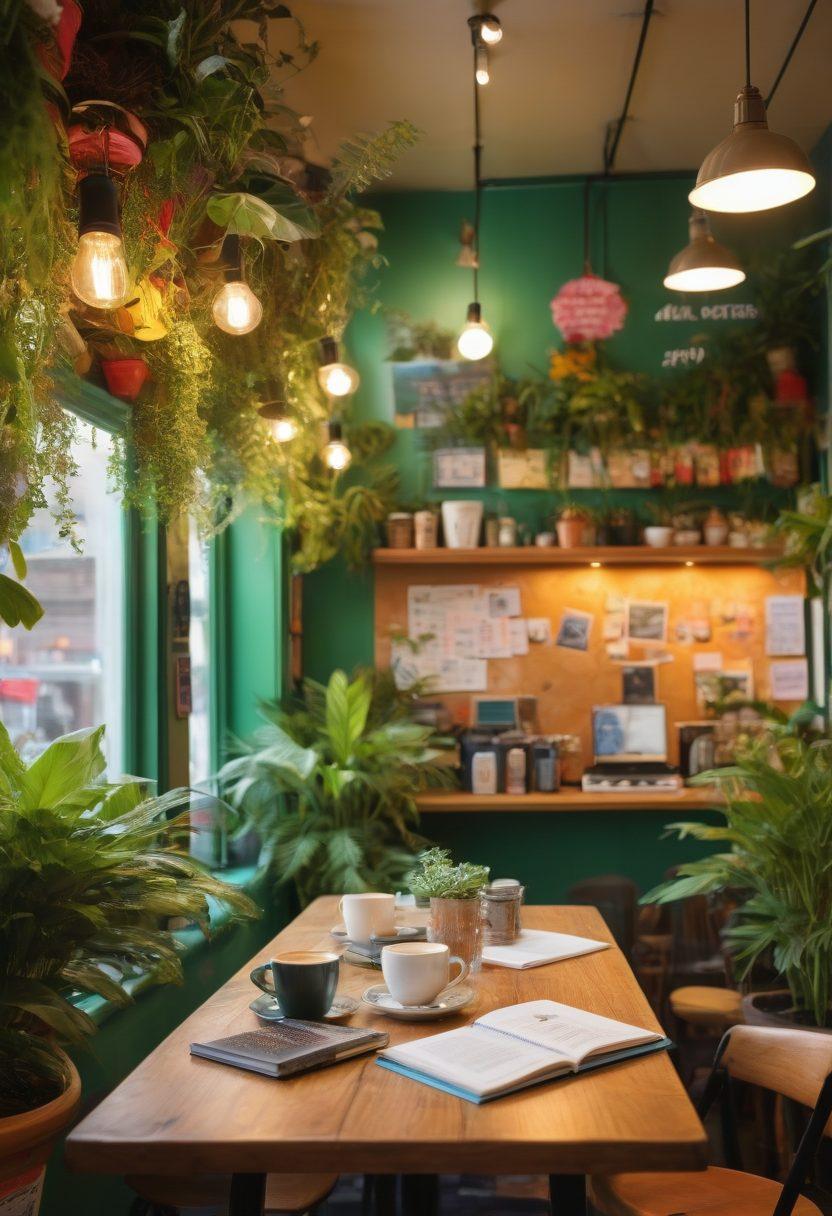 A vibrant scene illustrating a diverse group of bloggers engaged in creative activities, surrounded by colorful notebooks, laptops, and cameras. A cozy cafe ambiance with plants and creative decor to evoke a sense of community. Include elements of lifestyle such as coffee cups and inspirational quotes on the walls. The setting should radiate creativity and warmth. super-realistic. vibrant colors. soft lighting.