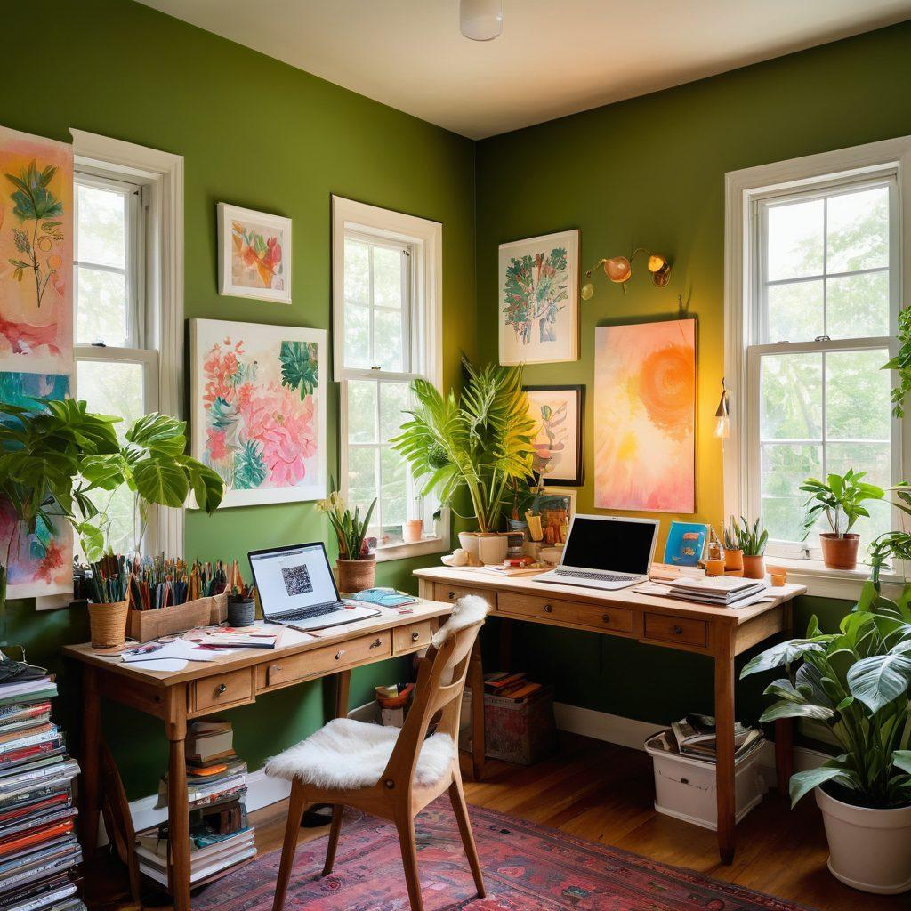 A vibrant workspace filled with colorful art supplies, journals, and a laptop, where a person is joyfully brainstorming ideas. Surrounding them are creative elements like plants, artwork, and inspiring quotes on the walls. Soft natural light filters through a window, casting a warm glow. An atmosphere of inspiration and freedom. vibrant colors. super-realistic.